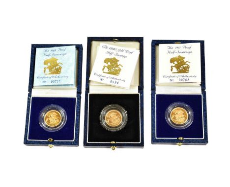 3 x Elizabeth II, Proof Half-Sovereigns: 1987 (no. 762), 1988 (no.731) and 1990 (no.94), obv. Maklouf's portrait of the Queen