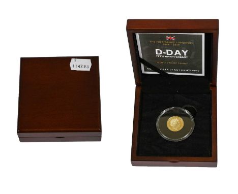 Guernsey, Elizabeth II Gold Proof Penny 2019, obv. Rank-Broadley portrait of the Queen, rev. D-DAY 75, parachutes above, deno