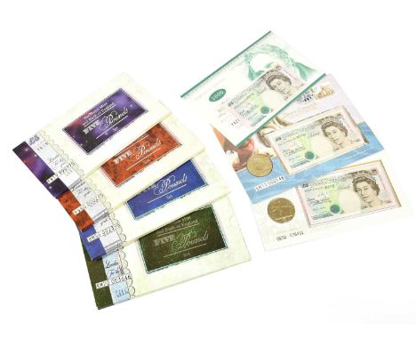 ♦Royal Mint & Bank of England, 6 x Commemorative Coin & Banknote Covers comprising: (1) ‘Queen’s 70th Birthday 1996,’ Bank of