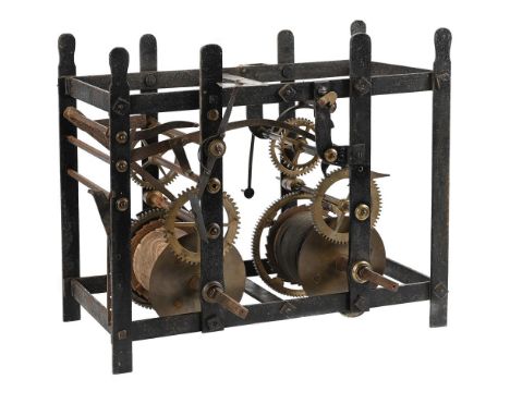 AN ENGLISH WROUGHT IRON AND BRASS TURRET CLOCK MOVEMENT TOGETHER WITH AN EARLIER 'SETTING DIAL'THE MOVEMENT UNSIGNED, CIRCA 1