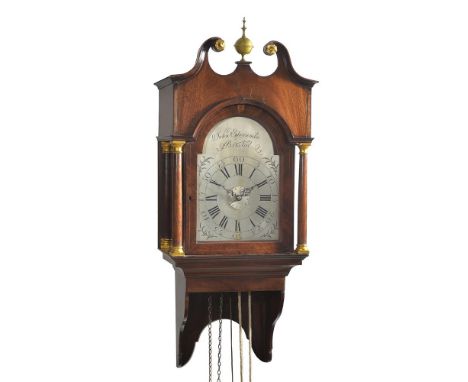A GEORGE III INLAID MAHOGANY HOODED WALL ALARM TIMEPIECE JOHN EDGECUMBE, BRISTOL, LATE 18th CENTURYThe four pillar two-handed