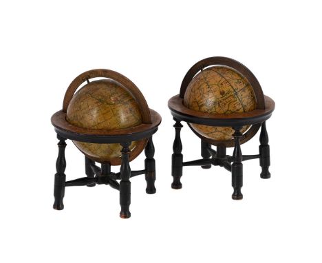 A FINE AND RARE PAIR OF GEORGE III MINIATURE THREE-INCH TABLE GLOBESJ. AND W. CARY, LONDON, THE TERRESTRIAL PUBLISHED 1791Eac