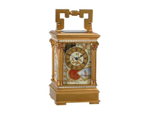 A FRENCH GILT ANGLAISE RICHE CASED MINIATURE CARRIAGE TIMEPIECE WITH AESTHETIC PORCELAIN PANELSUNSIGNED, LATE 19th CENTURYThe
