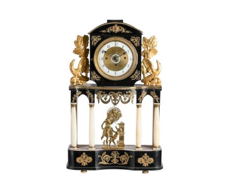 AN AUSTRIAN BIEDERMEIER GILT MOUNTED EBONISED GRANDE-SONNERIE STRIKING ARCHITECTURAL MANTEL CLOCKUNSIGNED, PROBABLY VIENNA, C