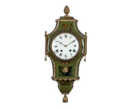 A SWISS NEUCHATEL LOUIS XVI GILT BRASS MOUNTED 'VERNIS MARTIN' DUTCH-STRIKING CARTEL WALL CLOCKUNSIGNED, LATE 19th CENTURYThe