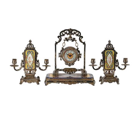 A FRENCH SILVERED BRASS PORCELAIN INSET MANTEL CLOCK GARNITURE IN THE CHINESE TASTEUNSIGNED, LATE 19th CENTURYThe eight-day s