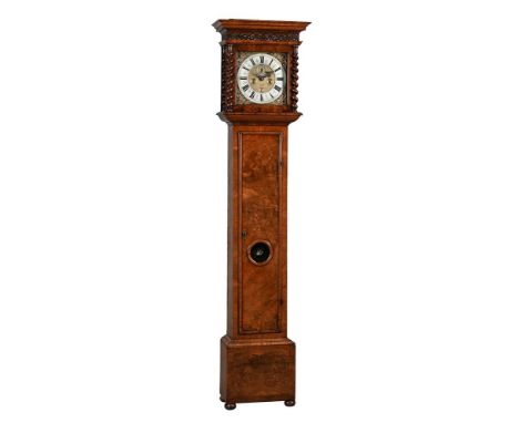 A FINE WILLIAM III FIGURED WALNUT EIGHT-DAY LONGCASE CLOCKLEONARD HALL, SOUTHWARK, CIRCA 1695The five finned pillar inside co