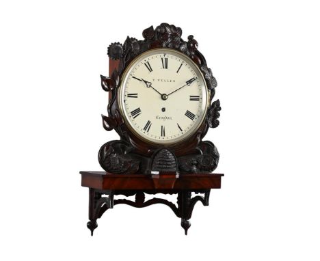 AN UNUSUAL VICTORIAN CARVED MAHOGANY FUSEE DIAL WALL TIMEPIECE WITH EIGHT-INCH DIAL THOMAS WELLER, CROYDON, MID 19th CENTURYT