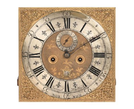 A GEORGE I EIGHT-DAY LONGCASE CLOCK MOVEMENT AND DIAL WITH 'TWO-IN-ONE' QUARTER-STRIKINGJEREMIAH HARTLEY, NORWICH, CIRCA 1715