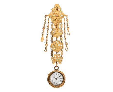 A GILT BRASS REPOUSSE PAIR-CASED VERGE POCKET WATCH WITH CHATELAINETHE MOVEMENT BEARING A SIGNATURE FOR WILLIAM CHASE, LONDON