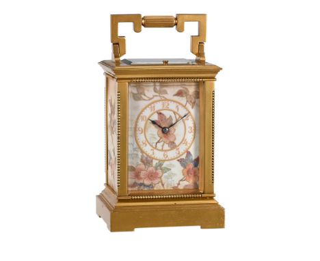 A RARE FRENCH GILT REPEATING CARRIAGE CLOCK WITH PANELS ATTRIBUTED TO LOUIS BILTON OF DOULTON PROBABLY BY GAY LAMAILLE AND CO