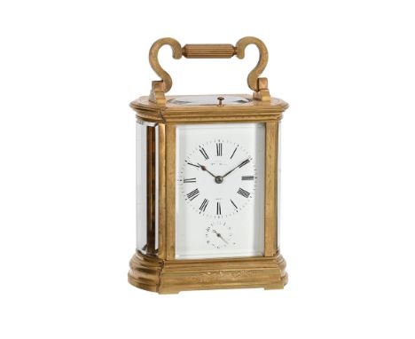 AN ENGRAVED GILT BRASS BOW-SIDED REPEATING CARRIAGE CLOCK WITH ALARMPROBABLY BY JULES BRUNELOT FOR RETAIL BY HENRY MARC, PARI