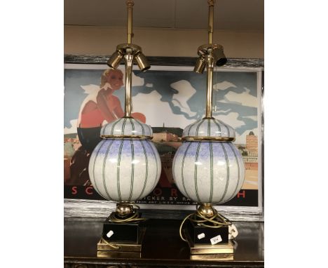 A pair of ornate ceramic and brass bulbous table lamps, height 92 cm (2) CONDITION REPORT: Minor surface wear but generally v