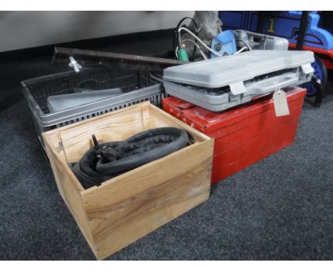 A metal concertina tool box and tools together with three crates of power tools and accessories, cased socket set etc 