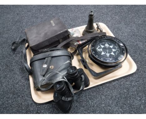 A tray of pair of cased field glasses, ships compass, cased Balco Ohms meter, vintage marbles etc 