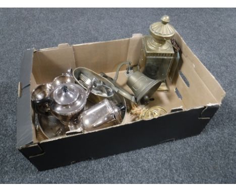 A box of brass carriage lamp, ship's bell, cannon, four piece plated tea service and tray, etc 