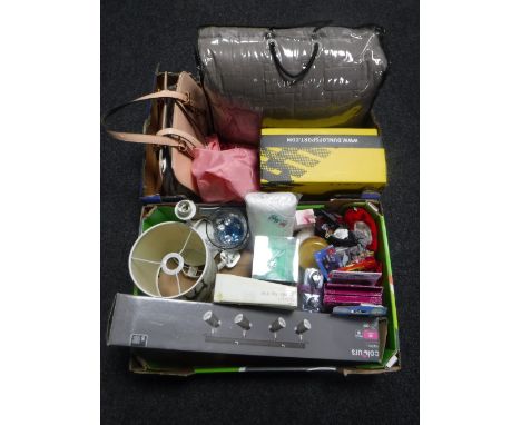 Two boxes of safety boots, lady's hand bag, quilt, track lighting, table lamp with shade etc 