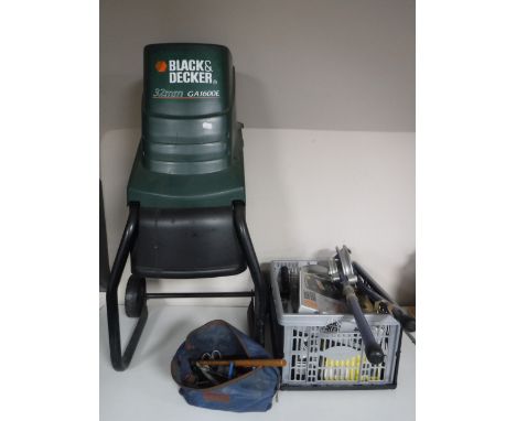 A Black and Decker garden shredder together with a box containing a small quantity of hand tools, pipe bender, boxed power to