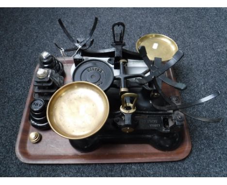 Three sets of vintage kitchen scales with weights 
