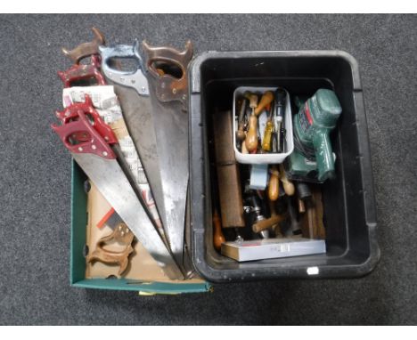Two boxes of vintage hand tools, Bosch electric sander together with a large quantity of hand saws