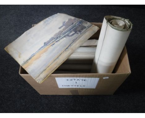 A box of quantity of unframed pencil sketches - architectural drawings etc 