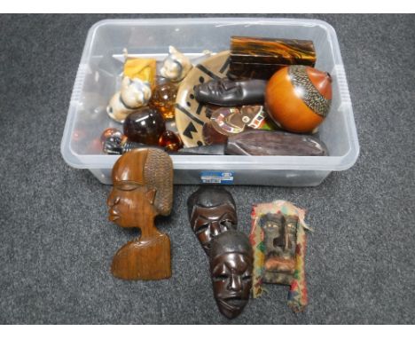 Two boxes of glass paperweights, wash jug and basin, assorted hats etc