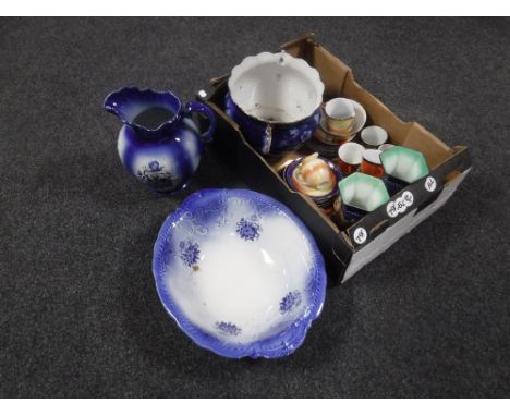 A blue and white ironstone wash jug and basin, a box of assorted Arabian design china and a blue and white planter 