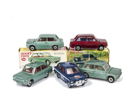 Dinky Toys Hillman Imps, 138 Hillman Imp Saloon, light metallic green body, red interior, 214 Hillman Imp Rally Car, in origi