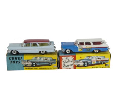 Corgi Toys 445 Plymouth Sports Suburban Station Wagon, light blue body, red roof, spun hubs, 443 Plymouth U.S Mail Station Wa