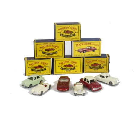 Matchbox Lesney 1-75 Series British Cars, 19 MG A Sports Car, GPW, 32 Jaguar XK140, 22 Vauxhall Cresta, 57 Wolseley 1500, GPW