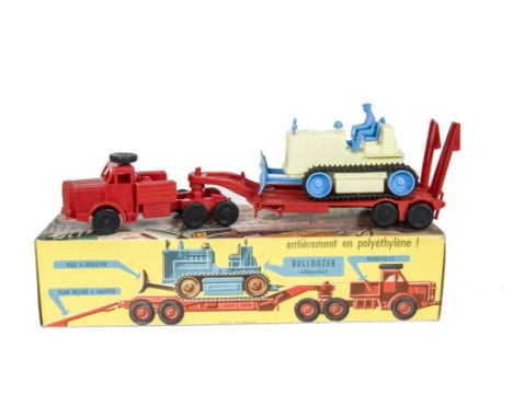 A Raphael Lipkin Mighty Antar Transporter With Bulldozer, red plastic Mighty Antar Transporter complete with five tools, mark