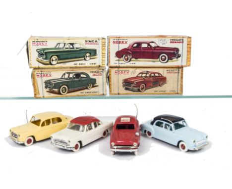 Early Issue Norev 1/43 Plastic Cars, Simca Versaille, white body, red roof, Vedette Ambulance, red body, Renault Fregate, lig
