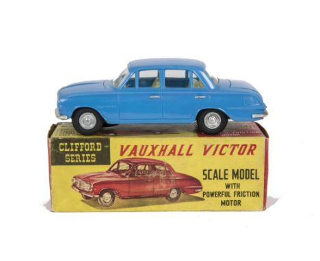 A Clifford Series (Hong Kong) Friction Drive Vauxhall Victor, blue plastic body, electroplated trim and hubs, in original box