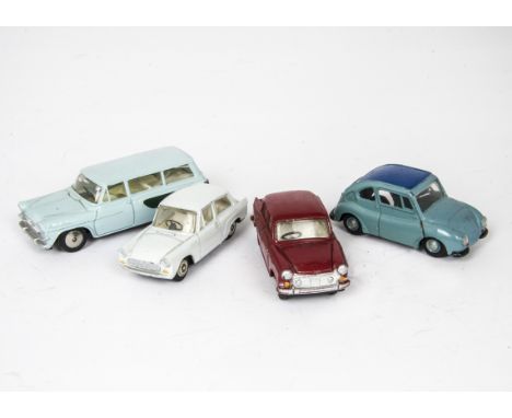 Asahi Toy Co (ATC) Model Pet No.3 Subaru 360, light blue body, dark blue roof, No.5 Datsun Bluebird, dark red body, No.14 Toy