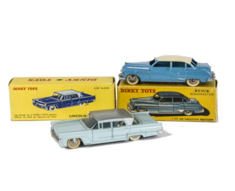 French Dinky Toys 532 Lincoln Premiere, light blue body, silver roof, convex hubs, 24v Buick Roadmaster, blue body, cream roo