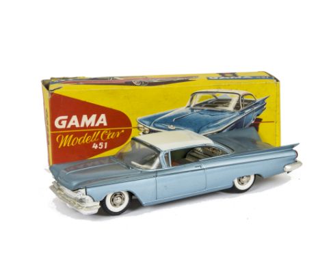 A Gama Plastic & Tinplate 1959 Buick Electra No.451, light metallic blue plastic body, white roof, detailed tinplate interior