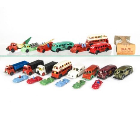 Beeju Plastic Vehicles, including Double Decker Bus (2), Coach (5), Tipper Truck, Coal Lorry (2), Breakdown Truck, Fire Engin