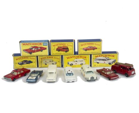 Matchbox Lesney 1-75 Series Emergency Service Vehicles, 59 Fire Chief Car, 9 Merryweather Fire Engine, 59 Ford Fairlane Fire 