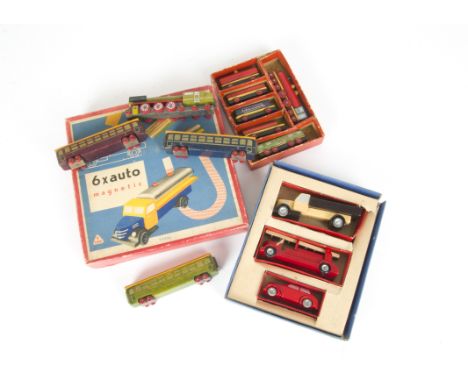 Tola (Czechoslovakia) Wooden 6x Auto Magnetic Set, comprising Lorry chassis with six differing backs, another Tola set compri