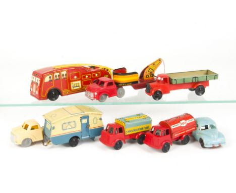 Wells Brimtoy Tinplate & Plastic Vehicles, Dennis Fire Engine, Caravan Trailer, Esso Tanker, Decorator's Van, Articulated Bre