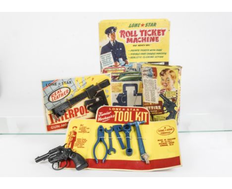 Lone Star Jetfire Cap Gun, Junior Mechanics Tool Kit, Interpol International Police Gun Holster Set, all with original packag