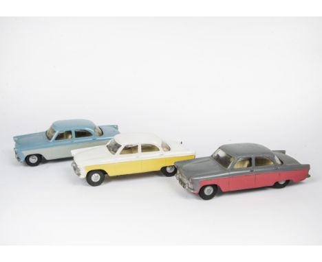 Tri-ang Spot-On Ford Zodiac, three examples, first two-tone grey/pink body, second light grey/pale blue, third primrose yello