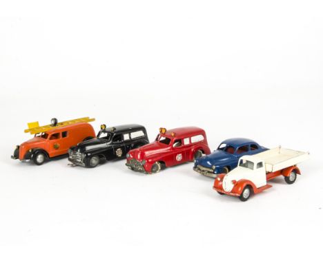 Tekno (Denmark), 486 Fire Engine, 732 Buick Ambulance, red, 731 Dodge Ambulance, black, 480 Ford V8 Tipper Truck, orange/whit