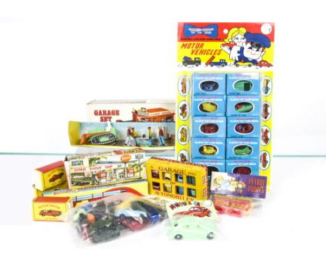 Small Scale Hong Kong Plastics, including Blue-Box Car, Boat & Trailer Set, Car Transporter, Salco Service Station, Blue-Bow 