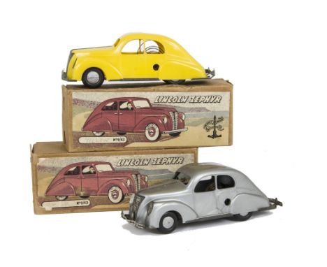 Brimtoy Plastic Clockwork Lincoln Zephyr No.9/43, two examples, one silver, one yellow, both with tin bases, plated trim, die