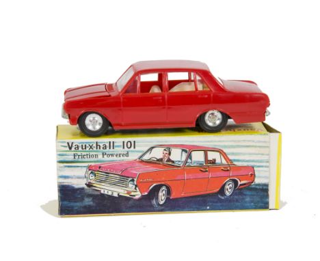 A Jimson (Hong Kong) Friction Drive Vauxhall 101, red plastic body, chrome trim and hubs, brown plastic dog in rear window, i