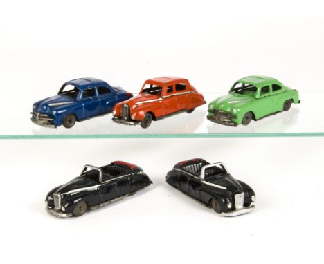 IXL Tinplate Cars, 1951 Sunbeam Talbot Saloon, red, 1952 Vauxhall Velox Saloon (2), one green, one dark blue, 1951 Sunbeam Ta