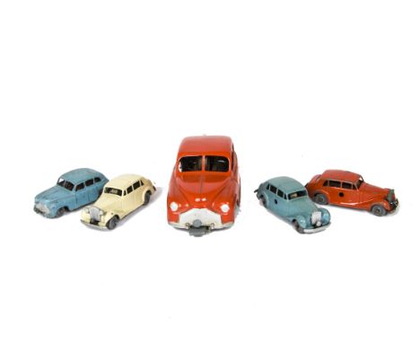 Mettoy Diecast Clockwork Vehicles, 1/43 Standard Vanguard, orange body, yellow plastic wheels, grey base, similar smaller 1/6
