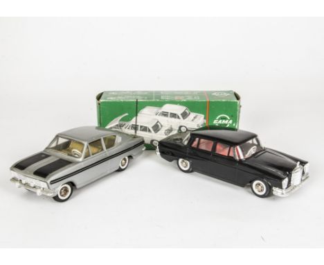 A Gama Plastic & Tinplate Mercedes-Benz 220 S No.407, black plastic body, clockwork motor, detailed tinplate interior, chrome