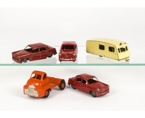 Morestone Bedford Car Transporter Tractor Unit, orange cab, silver trim, with three Ford Zephyrs, all red with 'Made In Engla